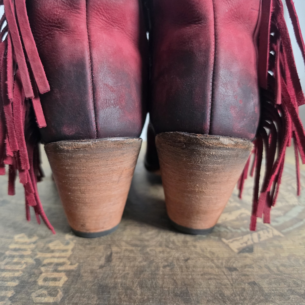 LIBERTY Black Red Fringe Open-Toe Ankle Booties - Picture 6 of 9